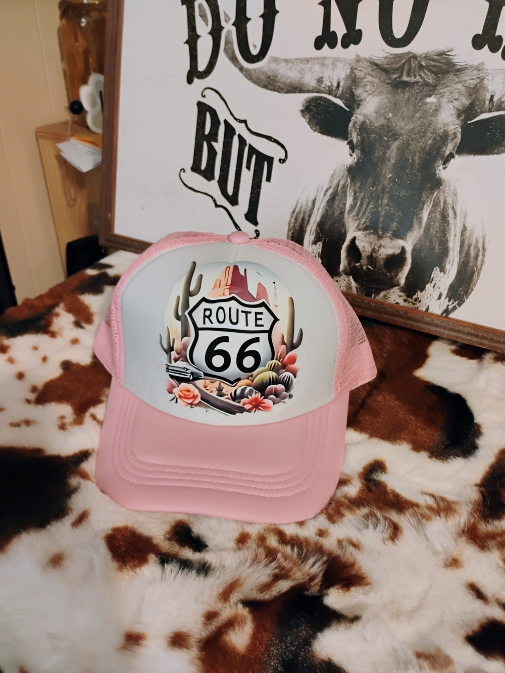 Route 66 Pink Trucker Cap with Desert Emblem